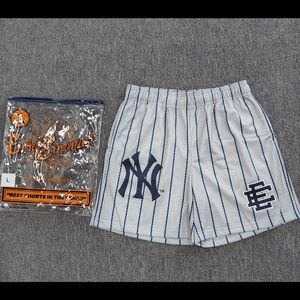 Eric Emanuel White Pinstripe New York Yankees Athletic Shorts with Navy Logos